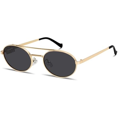 Rmerom Retro Gold Metal Oval 90s Sunglasses for Women Small Chic Sunnies