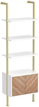 Nathan James Theo Modern Bookcase with Cabinet with Herringbone Pattern, White Open Shelves and Brass Metal Frame Living Room, Home Office Storage
