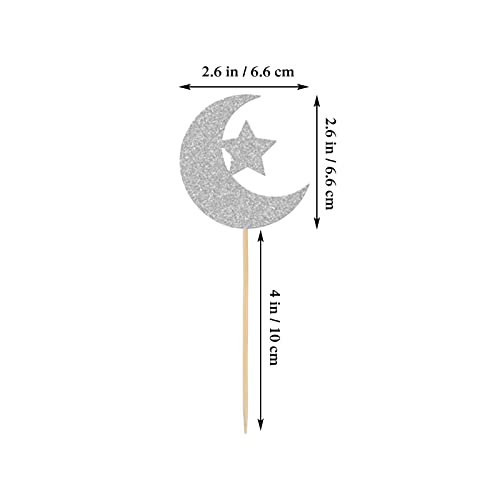 24Pcs Moon Star Cupcake Topper Glitter Eid Mubarak Cake Toppers Food Picks Cake Decorations For Wedding Birthday Baby Shower Ramadan Kareem Party Supplies (Silver) #TOP1