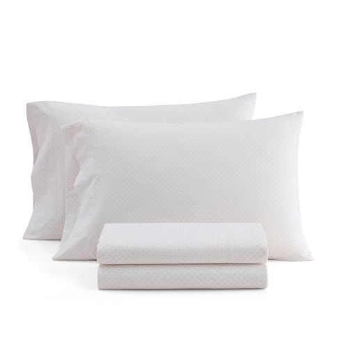 Image of Martha Stewart - Twin XL Size Sheet Set, Breathable Cotton Percale Bedding with Matching Pillowcase, Fully Elastic Fitted Sheet, Deep Pocket, Crisp & Cooling All-Season Comfort (Polka Dot Pink)