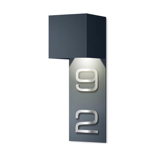 Metzler Numéro de maison Lumic - Lampe d'extérieur à LED avec plaque de numéro de maison intégrée - Anthracite RAL 7016 - 10 x 10 x 30 cm