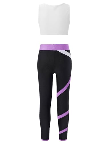 easyforever Kid Girls Crop Tops Racerback Tank Top And Gymnastics Leggings 2 Piece Dance Sports Clothes Set White&Lavender 8 Years2