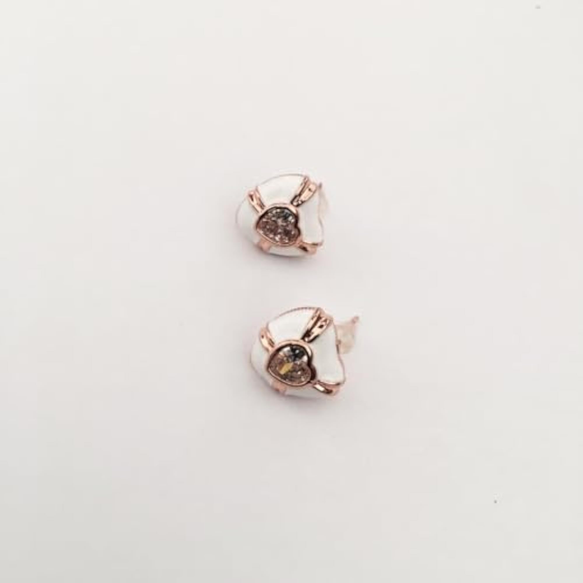 Rose Gold Heart Shape Stud Earrings with White Enamel, Elegant Design