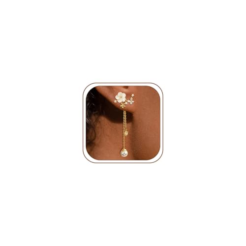 HARJJME Boucles d'oreilles Femme Pendantes en Fleurs Perle Argent/Plaquée Or 14 Carats Hypoallergénique Longues Fleurs Nœud Papillon Clous d'oreilles...