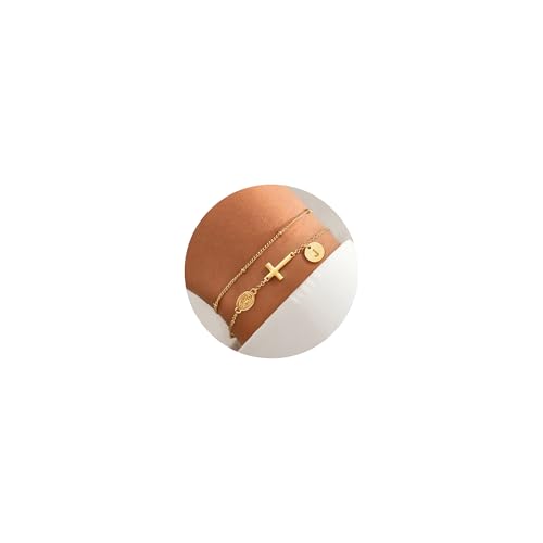 Turandoss Pulseras con inicial de cruz para mujer, chapado en oro de 14...