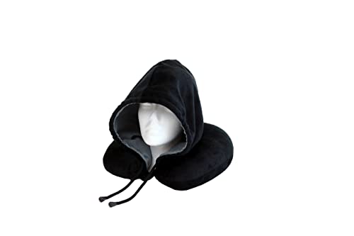 Wolf Essentials Fiber Filled Hoodie Neck Pillow, Compact, Perfect for Plane and Car Travel, Black & Charcoal