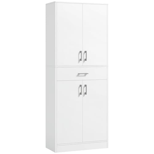 HOMCOM Credenza Cucina Alta, Mobile Dispensa con 2 Armadietti e Cassetto Grande, Mobile Cucina con Ripiani Regolabili, per Sala da Pranzo, Soggiorno, Salotto, 70.8x34x180 cm, Bianco