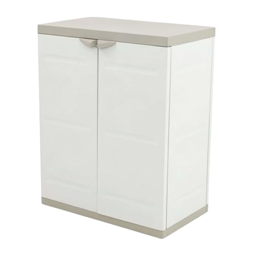 Armoire de Rangement Basse 2 Portes Blanc et Beige, Armoire de Rangement Basse 2 Portes Blanc et Bei
