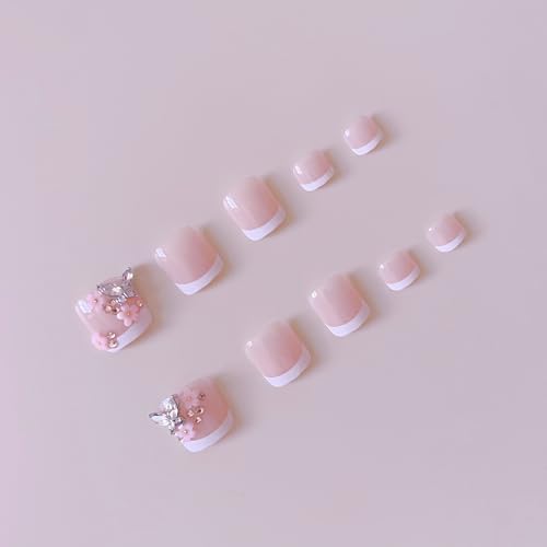 Image of Summer Press on Toenails Flower Fake Toenails Square False Nails Butterfly with Design White French Tip Glue on Toenails Glossy Artificial Acrylic Full Cover Stick on Toes for Women Manicure 24Pcs