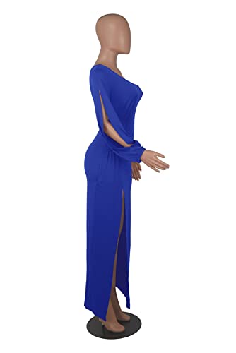 Women's One Shoulder Cocktail Party Maxi Dress Long Sleeve Sexy Thigh Side Slit Formal Long Bodycon Ruched Dresses Blue Xxl #TOP5