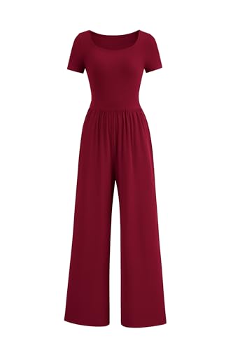 PRETTYGARDEN Women's Summer One Piece Jumpsuits Dressy Casual Short Sleeve Square Neck Wide Leg Rompers Travel Outfit Clothes (Wine Red,X-Small)