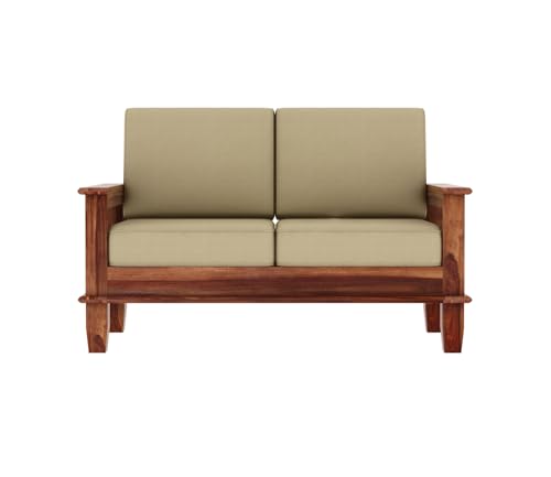 Image of PS DECOR Wooden 2 Seater Sofa Set for Living Room | Two Seater Sofa with Side Magzine & Newspaper Holder for Office & Lounge | SheeshamWood, Honey Finish