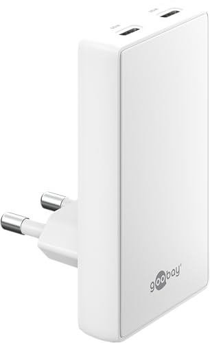 goobay 65W Flaches GaN USB C Ladegerät, Dual-Port (2X USB-C) Schnellladegerät – 90° Flat Design, ultraflach & platzsparend, für Apple, Samsung, Huawei, sowie Tablets & etc., Weiß – 75726