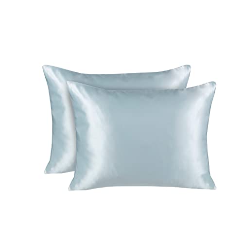 BLISSFORD Satin Pillowcase with Zipper, for Hair and Skin Care, Feels Soft and Cool Like a Silk Pillowcase, Satin Pillow Cases 2 Pack, Slik Pillow Cover, Baby Blue - Queen Size, Set of 2