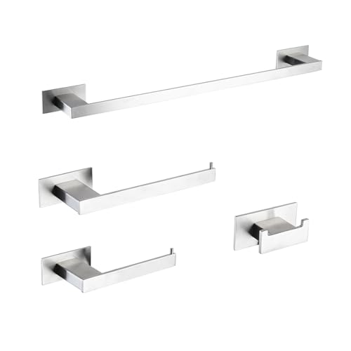 4-Pieces Bathroom Hardware Accessories Set, Towel Rack Towel Bar Toilet Paper Holder Towel Hook Self Adhesive Stainless Steel Towel Rack Set for Bathroom Wall Mounted, Brushed Nickel, 23 Inch