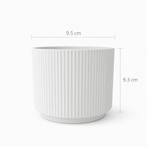 Image of Xtore Striataform Ceramic Ribbed Planter | Contemporary Round Flower Pot for Home, Bedroom, Study Table & Living Room Decor - (White, 1 Piece, Planter ONLY)