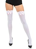 Sugar Sunday Opaque Thigh High Bow Stockings for Women Thigh Highs Stockings with Bows Over Knee Socks - White/Baby Pink OS