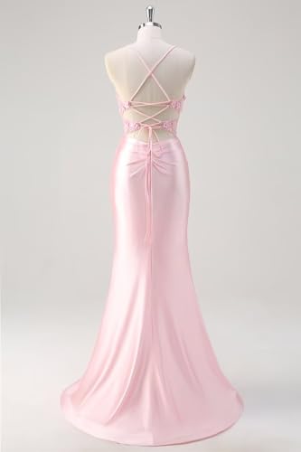 Mermaid Prom Dresses with Slit for Women Lace Appliques Satin Prom Dress Spaghetti Straps LW092