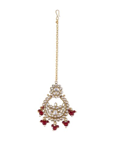 Gold Plated Kundan Red Beaded Jewellery Set with Maangtika