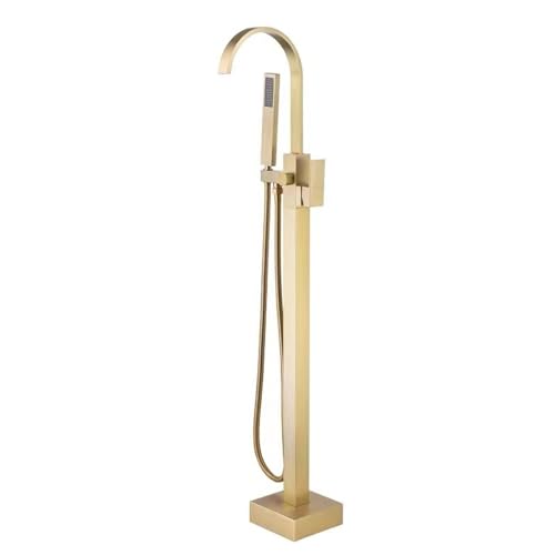 BiaoTeng Grifo De Pie Para BañEra Exenta Cascada Oro cepillado Monomando latón Caliente o frío Grifo De BañEra De Pie Grifo BañEra Suelo, Oro cepillado
