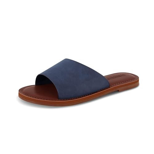 CUSHIONAIRE Carly Slip On Womens Slides – Open Toe Flat Summer Sandals for Women with Memory Foam, NAVY 9