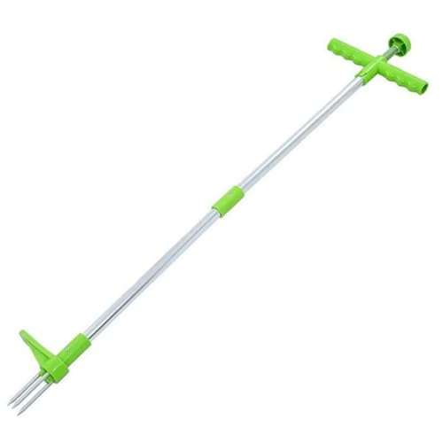 qudkdhs Stand Up Weed Puller, Garden Lawn Root Remover Tool, Green and Silver, Portable Design with T-Handle, Manual Operation, for Yard Maintenance