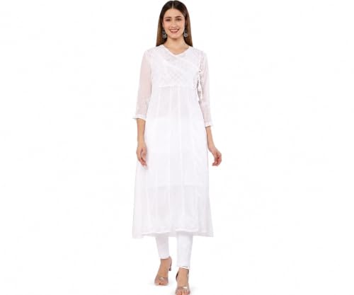 Image of FAWOMENT Ethnic Designer Angarkha A-Line Georgette Kurta with Exclusive Hand Embroidered Lucknowi Chikankari for Women