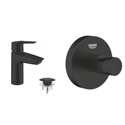 GROHE Start - Einhand-Waschtischbatterie & Start - Bademantelhaken (verdeckte Befestigung, geeignet zum Bohren oder Kleben), matt schwarz, 411732430