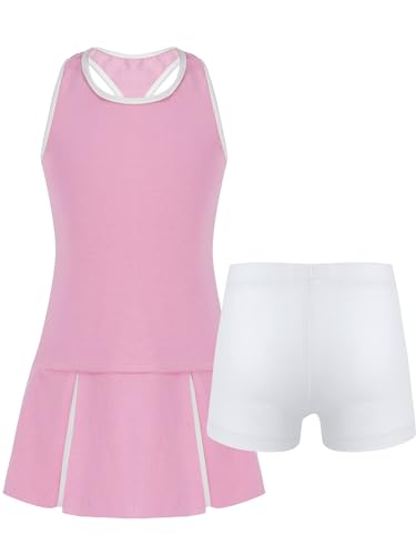 Kids Girls Pleated Tennis Golf Dress Workout Outfits Solid Color Sleeveless Sports Dress with Shorts