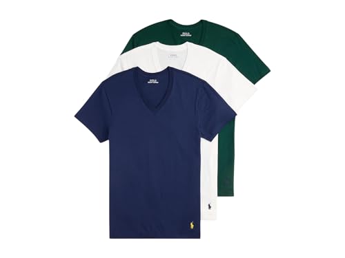 Polo Ralph Lauren Men's Classic Fit Cotton V-Neck Undershirt 3 Pack Cruise Navy/White/Moss Agate, X-Small