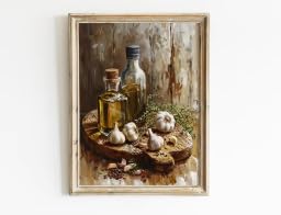 DIHANSM Kunstdruck „Kräuter und Knoblauch in der Landhausküche“, Wandbild „Stillleben aus der ländlichen Küche“ (70 x 100 cm/ungerahmt)
