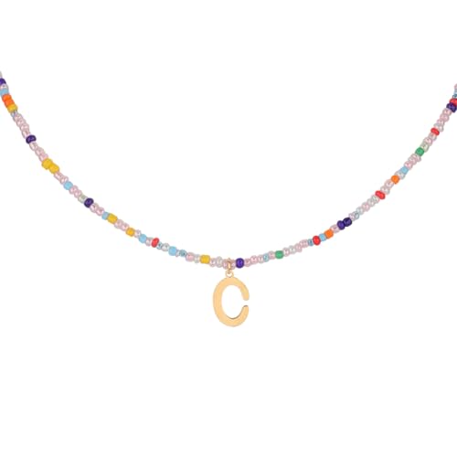 for Women Girls Letter PendantSummer Necklaces, Bohemian Beaded Necklace Colorful Beaded Initial Necklace Handmade Jewelry Gifts for Teens(C)