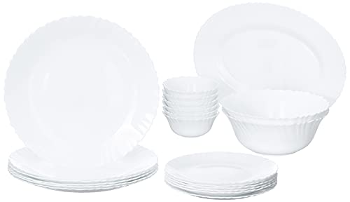Fluted Series Snow Opalware Dinner Set | 21 Piece for Family of 6 | Microwave & Dishwasher Safe | Bone-Ash Free | Crockery Set for Dining & Gifting | 