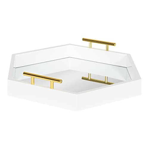 Image of Kate and Laurel Lipton Modern Hexagon Mirrored Tray; 18 x 18; White and Gold; Midcentury Decorative Serving Tray for Storage and Display