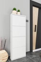 4 Tier Metal Shoe Cabinet – Slim 15cm Wall Mounted Cupboard with Pulldown Doors, Modern Hallway & Entryway Storage Unit, Holds 10–12 Pairs -Matte White