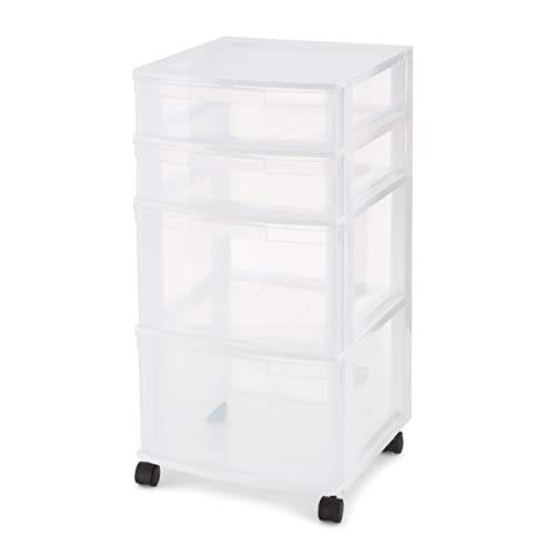 Image of Gracious Living Resin Clear 4 Drawer Storage Chest System with Removable Rolling Casters for Garage, Basement, Utility Room, and Laundry Room, White