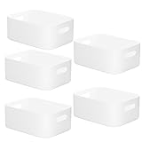 W&H 5 PCS White Plastic Storage Baskets with Handle, Medium Kitchen Cupboard Organiser Box, Storage Boxes for Shelves, Plastic Boxes for Bathroom, Kitchen, Office, School and Toy -25×17×10cm