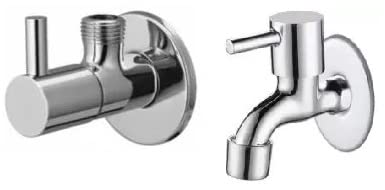 Spazio Stainless Steel Turbo Angle Valve With Bib Cock Combo Pack Foam Flow Water Taps With Wall Flange (Pack of 1) (Chrome Plated, Brass Disc)