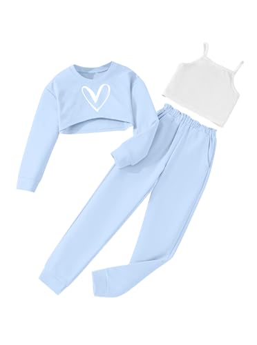 Hilinker Langärmeliges 3-teiliges Outfit für Mädchen, bauchfreies T-Shirt und Cami-Top mit Hose, Blau-weißes Herz, 9-10 Jahre