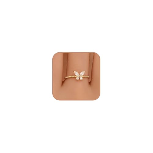 Aavoein CZ Butterfly Ring for Women 925 Sterling Silver Cute Simple Promise Rings 14K Gold Plated Dainty Trendy Hypoallergenic Stackable Minimalist Wedding Ring to Daughter Mom Jewelry Gift (Gold 8)