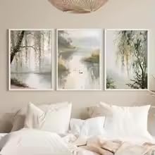 1/3 Stück Leinwanddrucke Poster „Bohemian Countryside Sage Green Willow Tree“ (70x100cmx3/Ungerahmt)