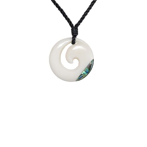 81stgeneration Hand-Carved Bone Koru Swirl Pendant with Paua Shell - Adjustable Cord Necklace for Men - Women's Maori-Style Round Spiral Amulet - Handmade Natural Statement Surfer Jewelry