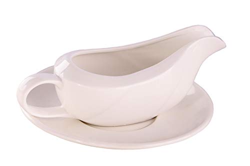 Gravy Boat & Tray - EXTRA SIZE - With Ergonomic Handle | White Fine Porcelain Saucier With Big Dripless Lip Spout | For Gravy, Warming Sauces, Salad Dressings, Milk, More | Microwave & Freezer Safe - Thumbnail 2