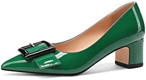 Tanaoen Women's Gold Metal Rectangle On Solid Patent Pointed Toe Chunky Low Heel Pumps Shoes 2 Inch Dark Green 10