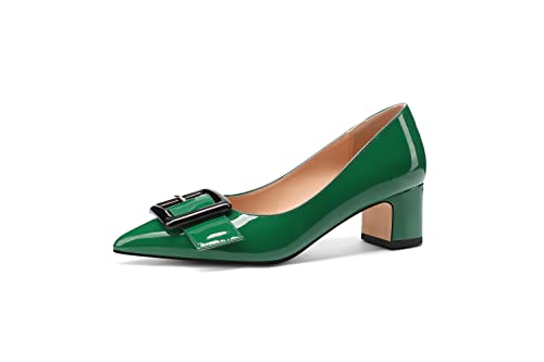 Tanaoen Women's Gold Metal Rectangle On Solid Patent Pointed Toe Chunky Low Heel Pumps Shoes 2 Inch Dark Green 10 #TOP17