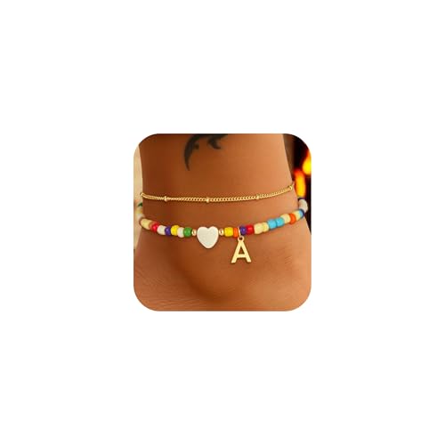 Image of Eaciy Colorful Initial Ankle Bracelets for Women - 14K Gold Plated Layered Heart Initial Anklets Bracelet Dainty A Letter Ankle Bracelet Colorful Layered Anklet Bracelet for Women
