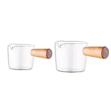 FROON 2-teiliger Glas Dip-Untertasse Set mit Holzgriff Kleiner Milch Kaffee Coffee Creamer Latte Tasse tropffreier Ausguss