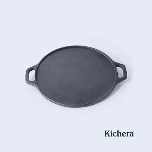 Image of Kichera Pre-Seasoned Cast Iron Dosa Tawa 12-Inch | Double Loop Handle Roti & Dosa Pan | Heavy Duty 3kg Induction-Friendly Cookware | Non-Stick Naturally | Pure, Chemical-Free for Everyday Cooking
