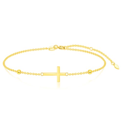 Real 14K Gold Cross Bracelet for Women Solid Gold Crucifix Bracelet for Her Religious Jewelry Christmas Gifts, 6.5+1.5 Inches