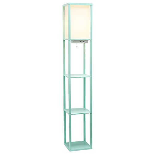 Simple Designs Lf1037-Aqu Floor Lamp Etagere Organizer Storage Shelf With 2 Usb Charging Ports, 1 Charging Outlet And Linen Shade, Aqua #TOP2